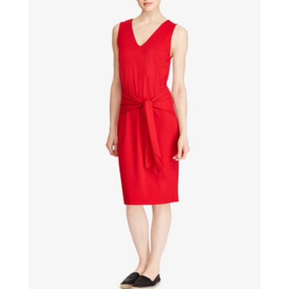 Ralph Lauren Tie-front sleeveless Jersey Sheath Dress Red 1X Old Money NWT